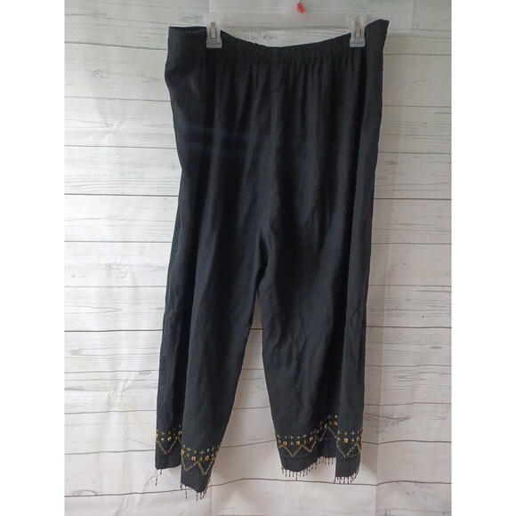 Vanity Collection Womens Black Capri Pants Cropped Beaded Sz L Linen Blend - Picture 4 of 7